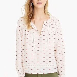 J. Crew Point Sur Embroidered Pink V Popover Peasant Blouse